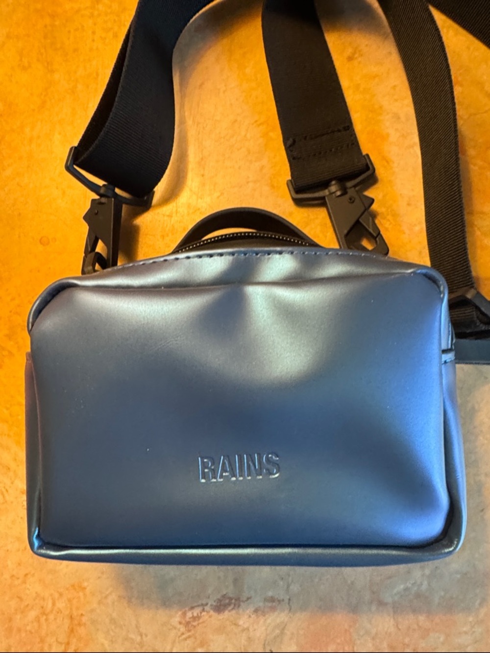 Rains Slate Blue Belt Bag with Black Strap